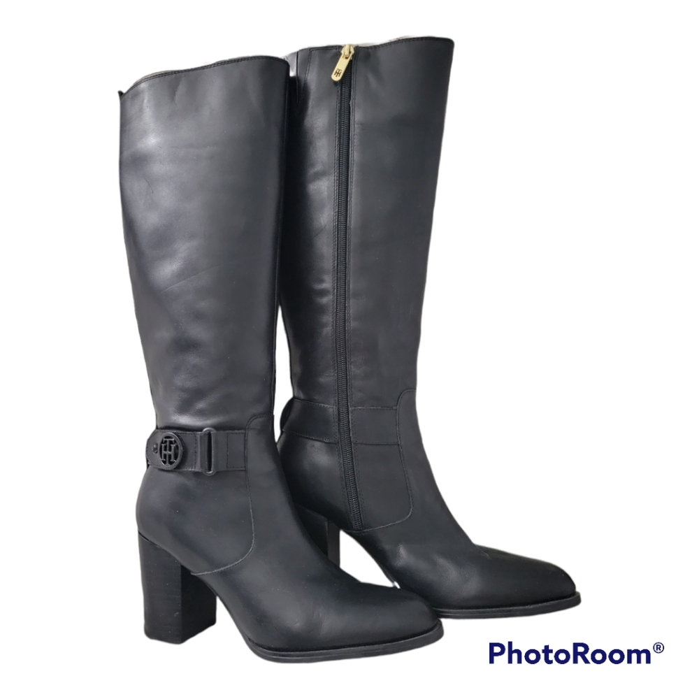 TOMMY HILFIGER Black Leather Block Heel Tall Boots. Size 9M